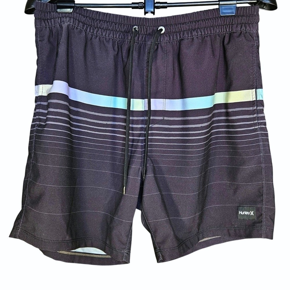 Hurley Board Shorts Men L Black Striped Elastic Waist Swim Trunks Surfwear Beach